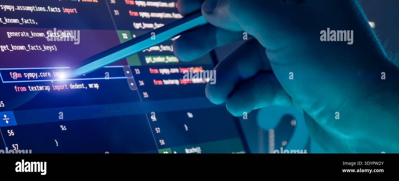 Close Up of Programmer Hand Using Stylus on Source Code Editor Screen in Futuristic Blue Tech Stock Photo