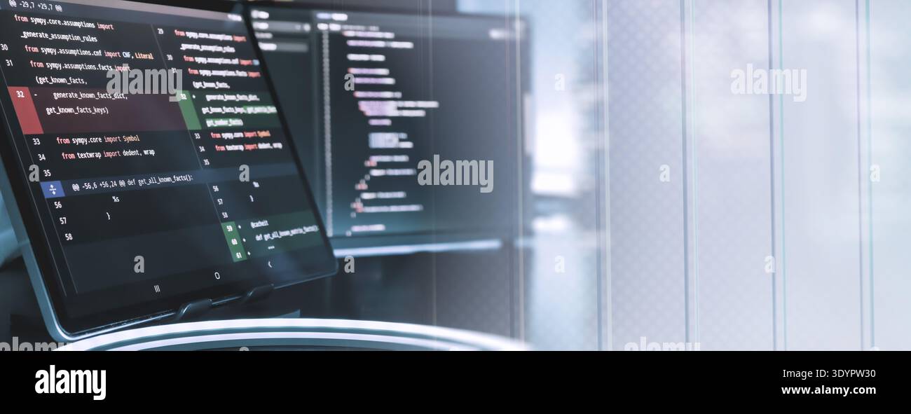 Futuristic Programming Workspace with Code Screens and Transparent UI Overlay Stock Photo