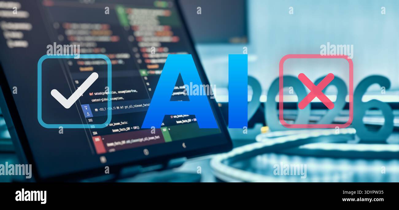 AI Validation and Decision Concept with Checkmark and Cross Icons on Programming Code Stock Photo