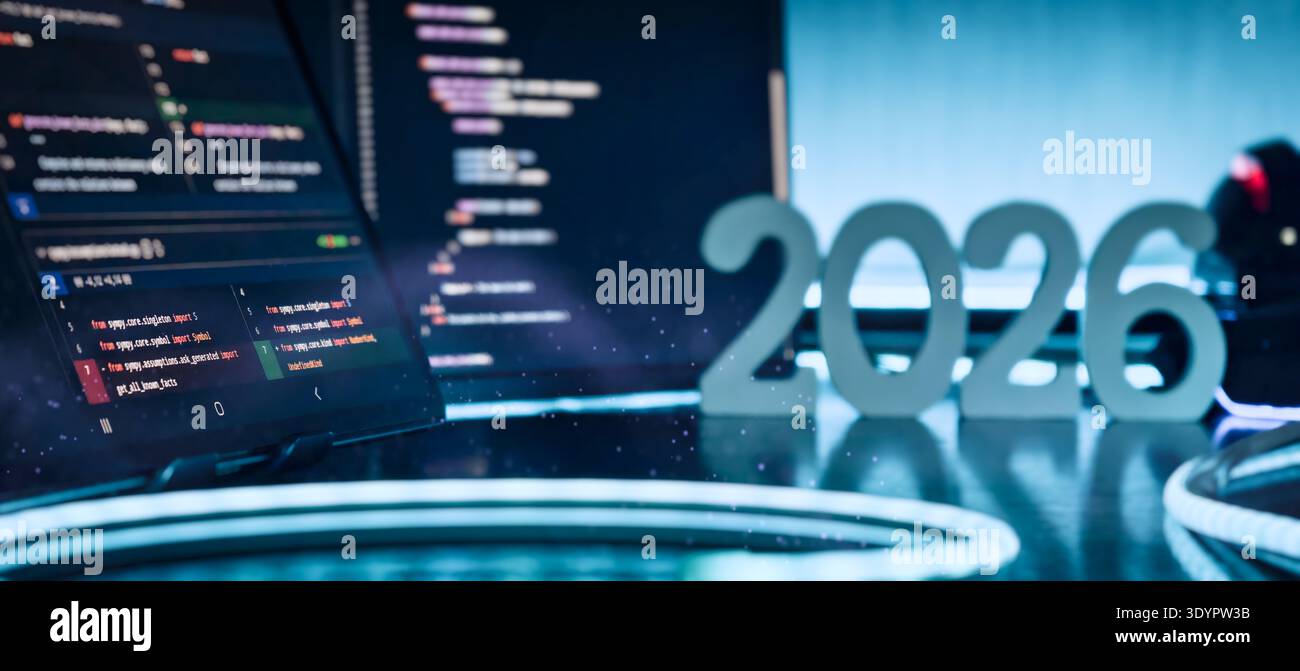 Futuristic AI Coding Workspace with 2026 Numbers and Programming Code on Screens Stock Photo