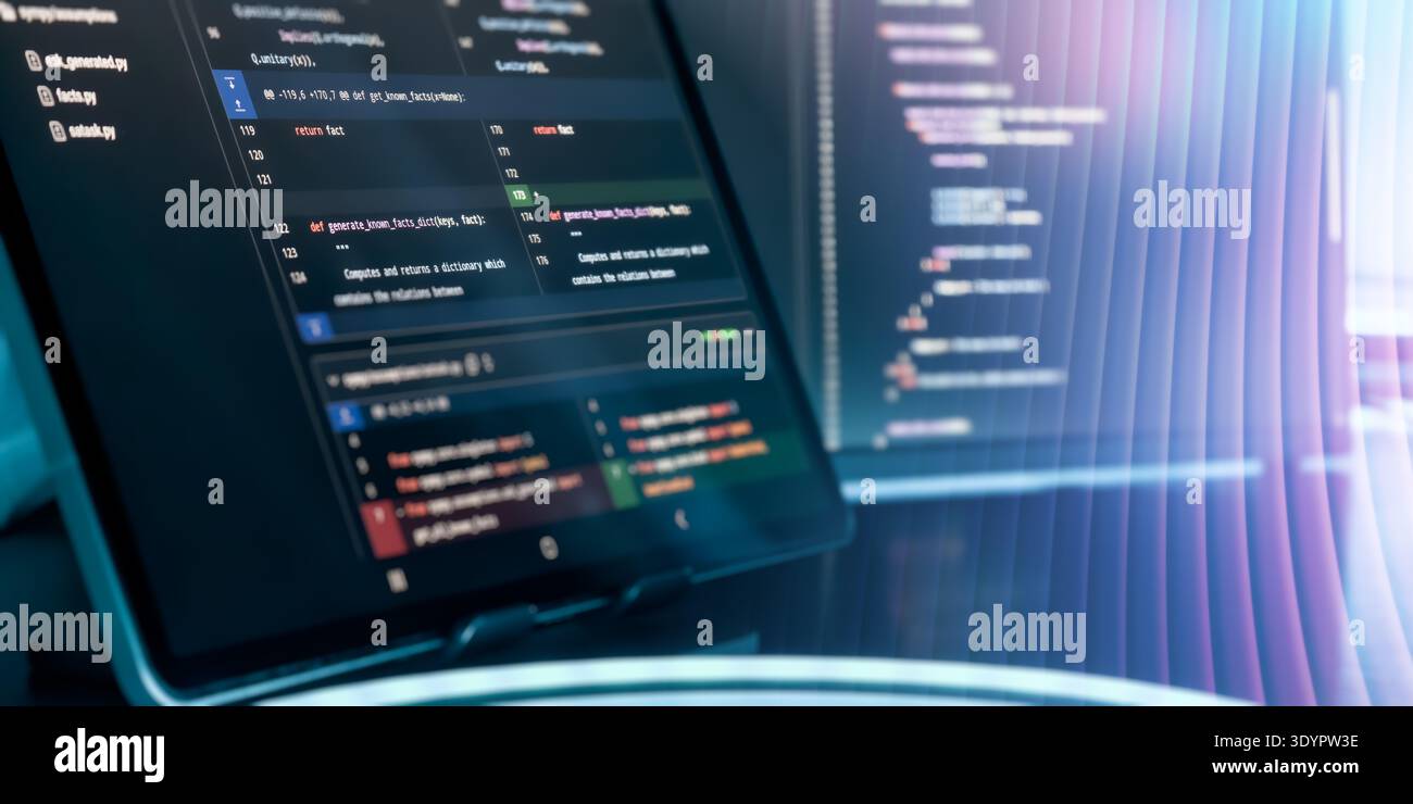 Futuristic AI Coding Interface with Abstract Light Trails and Programming Code on Screens Stock Photo