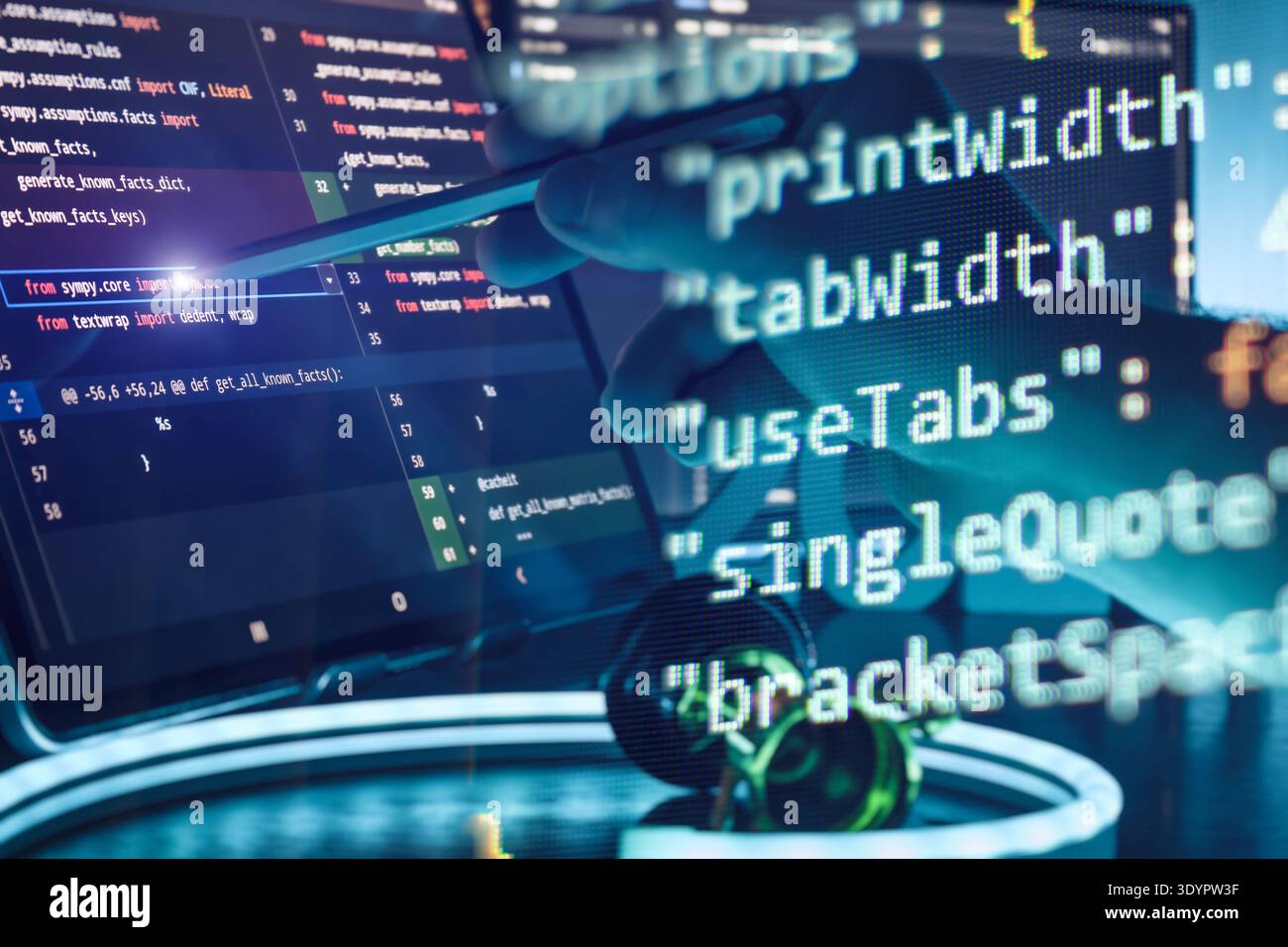 Programmer Using Stylus on Coding Screen with Abstract Code Overlay in Futuristic AI Development Stock Photo