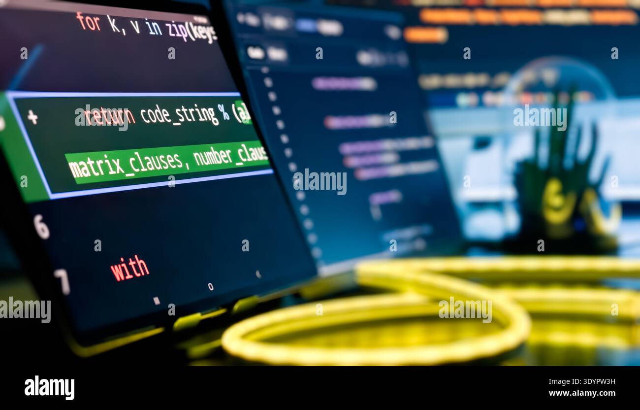 Close-Up Code Editor Screen with Neon Yellow Cable Light and Modern Developer Workspace Stock Photo
