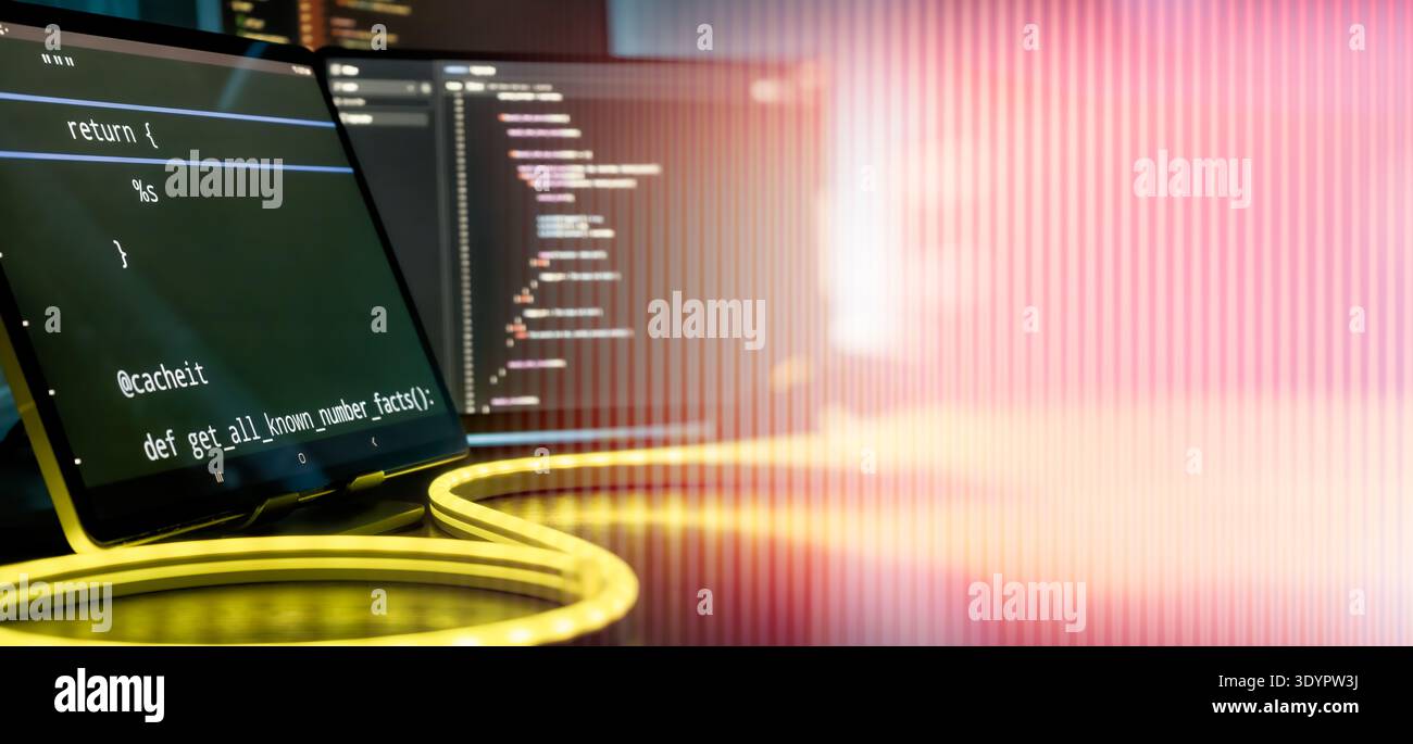 Futuristic Coding Workspace with Warm Neon Light Trails and Vertical Gradient Overlay Stock Photo