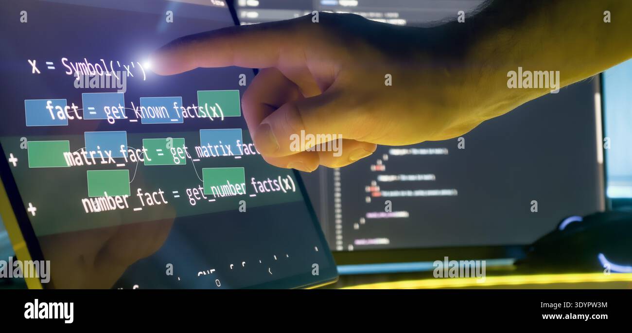 Programmer Hand Interacting with Code and Flow Diagram Overlay on Touchscreen in Futuristic Software Stock Photo