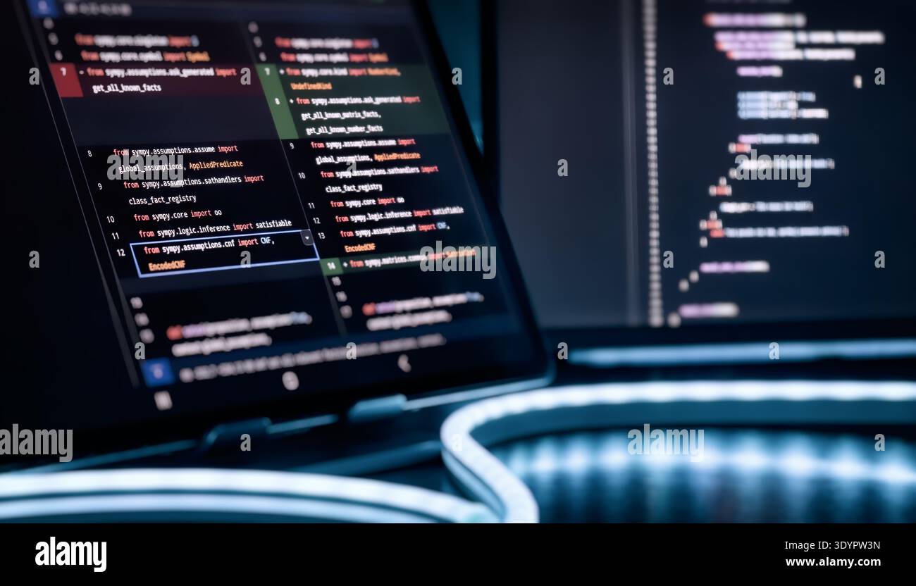 Futuristic AI Programming Workspace with 2026 Numbers and Source Code on Screen in Blue Neon Stock Photo