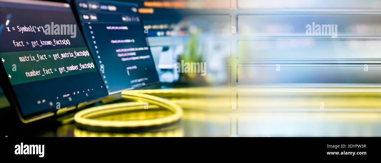 Futuristic Coding Workspace with Glass UI Panels and Neon Cable Light, Software Development Dashboard Stock Photo
