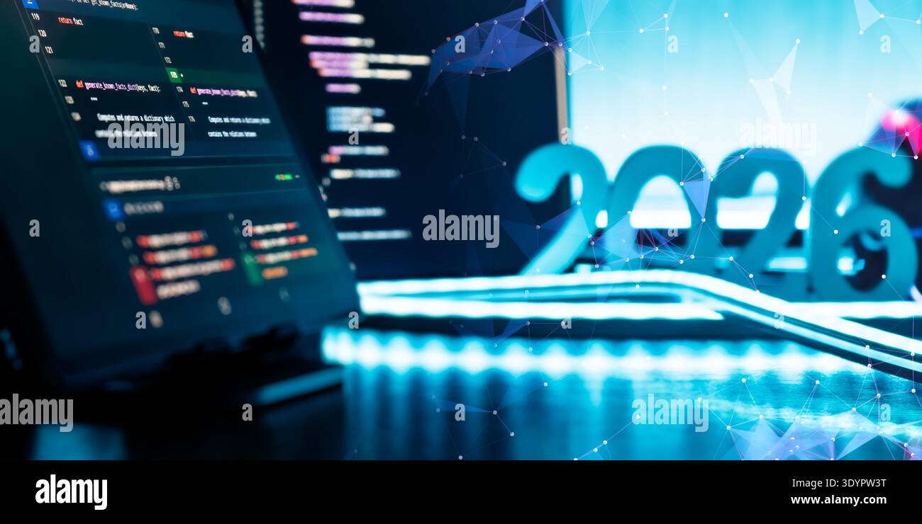 Futuristic AI Network and Coding Concept with 2026 Numbers, Laptop Code Screen Stock Photo