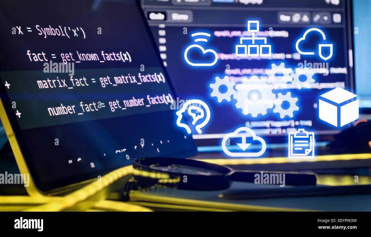 AI Automation and Cloud Workflow Concept with Software Code, Tech Icons and Futuristic Developer Stock Photo
