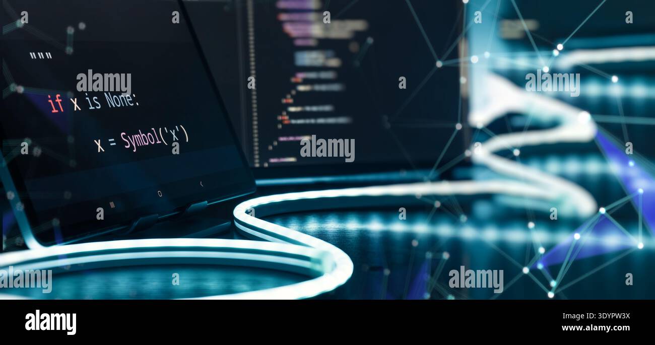 Futuristic AI Coding Workspace with Python Code on Screen, Neon Desk Lighting and Digital Network Stock Photo