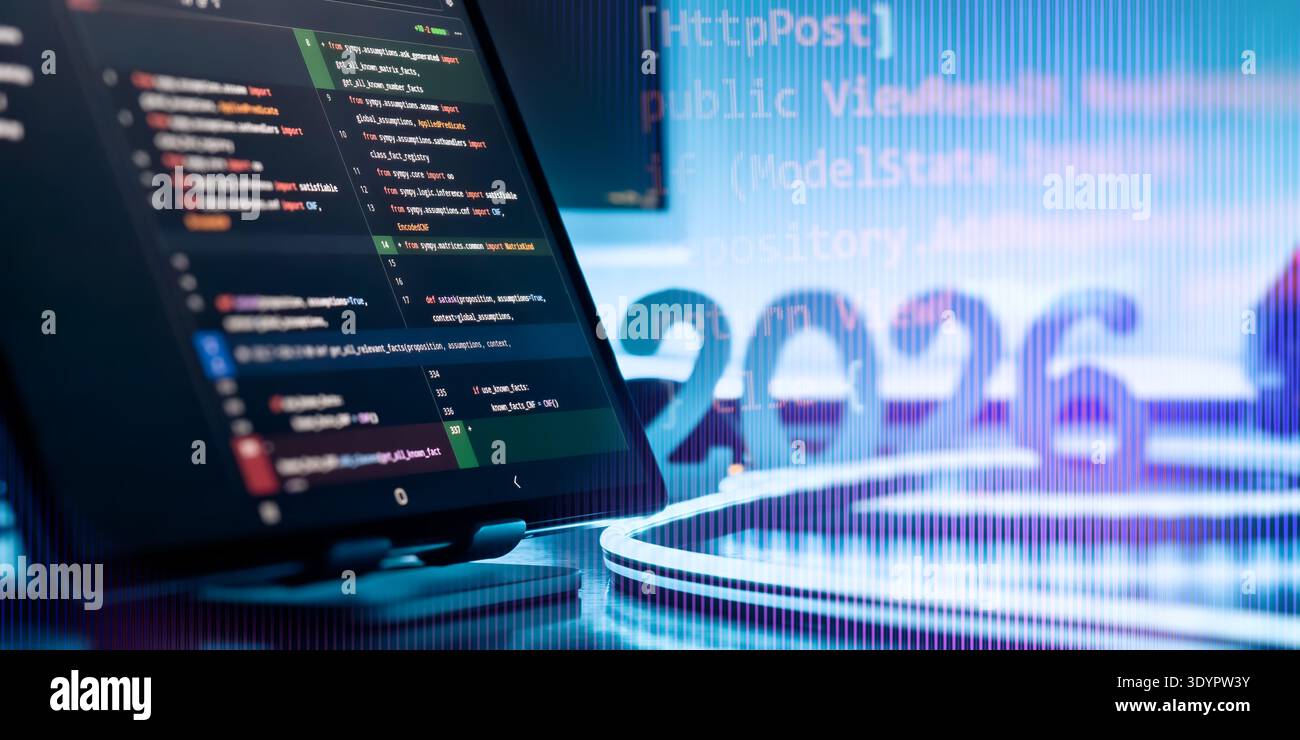 Futuristic AI Coding Interface with Holographic 2026 Overlay and Programming Code Stock Photo