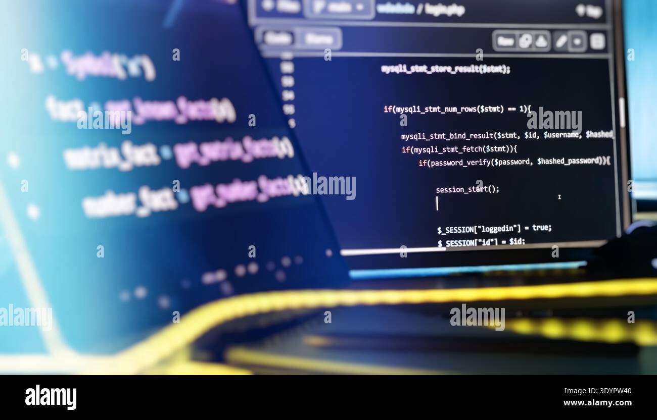 Web Development and Backend Coding Workspace with PHP Source Code on Screens and Neon Desk Stock Photo