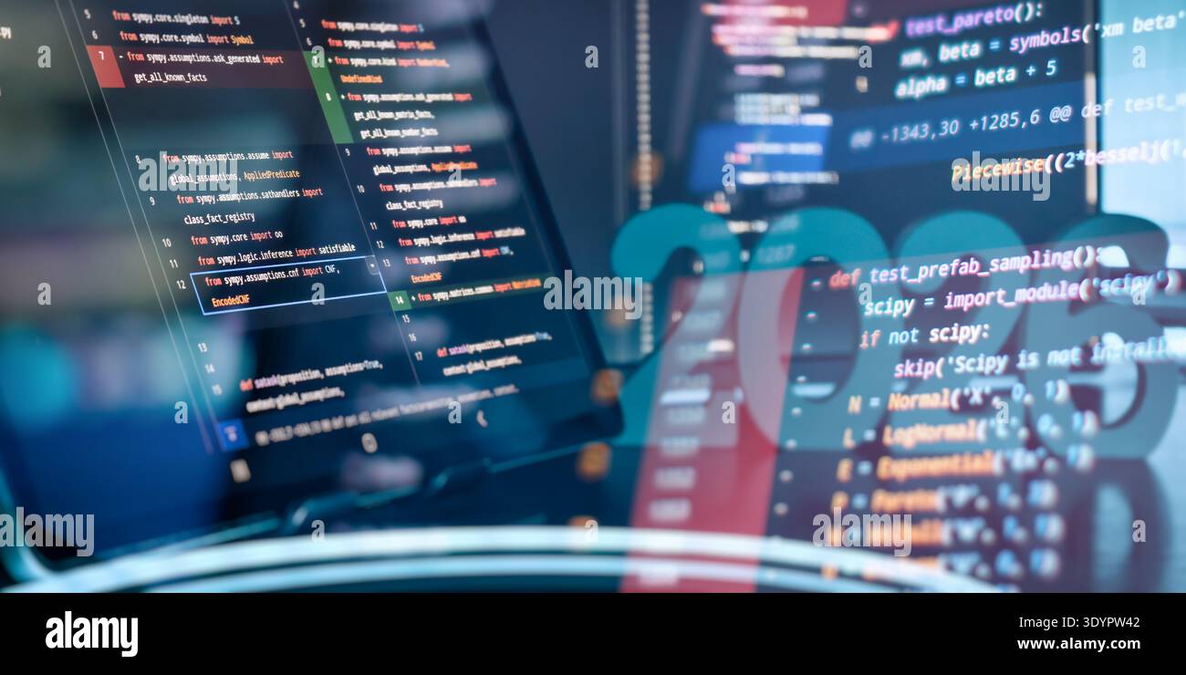 Futuristic AI Coding and Software Development Concept with 2026 Numbers and Source Code Stock Photo