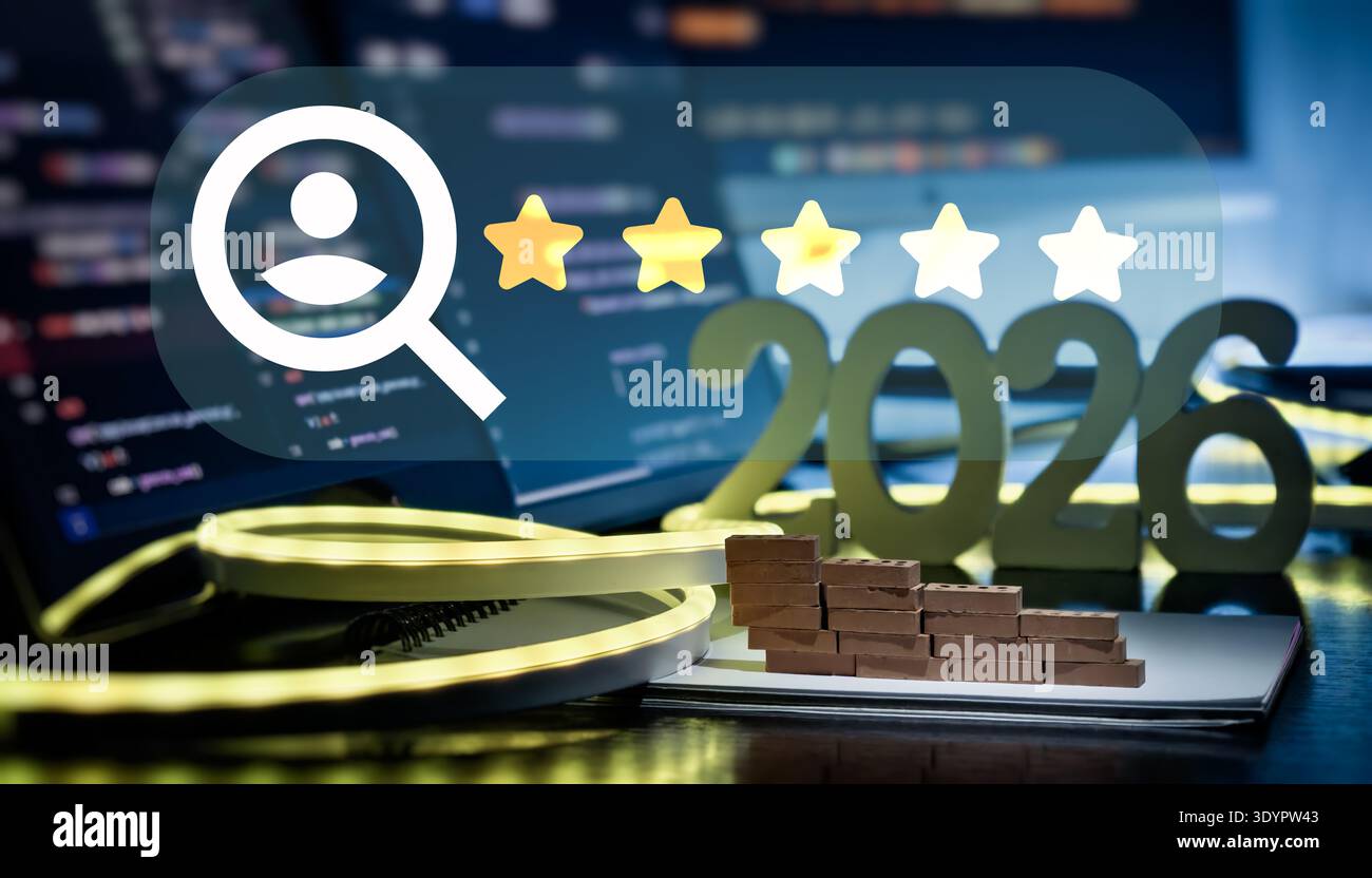 User Rating and Review Search Interface with 2026 Tech Workspace, Coding Screens and Five Star Evaluation Stock Photo