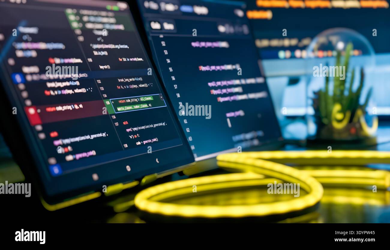 Close-Up Code Editor Screen with Neon Yellow Cable Light and Modern Developer Workspace Stock Photo