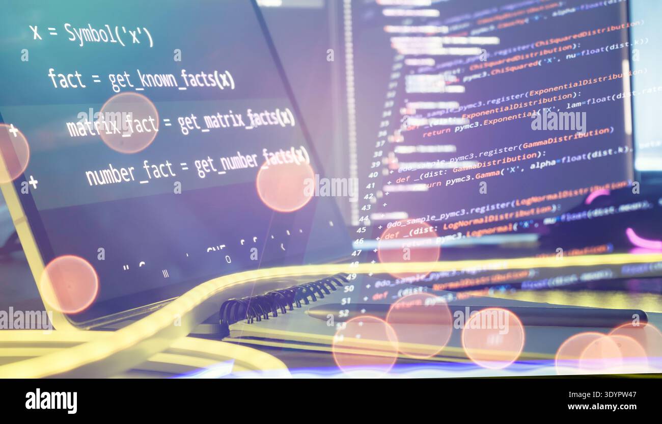 Futuristic Coding Workspace with Source Code Screens, Stylus Pen and Warm Bokeh Light Stock Photo