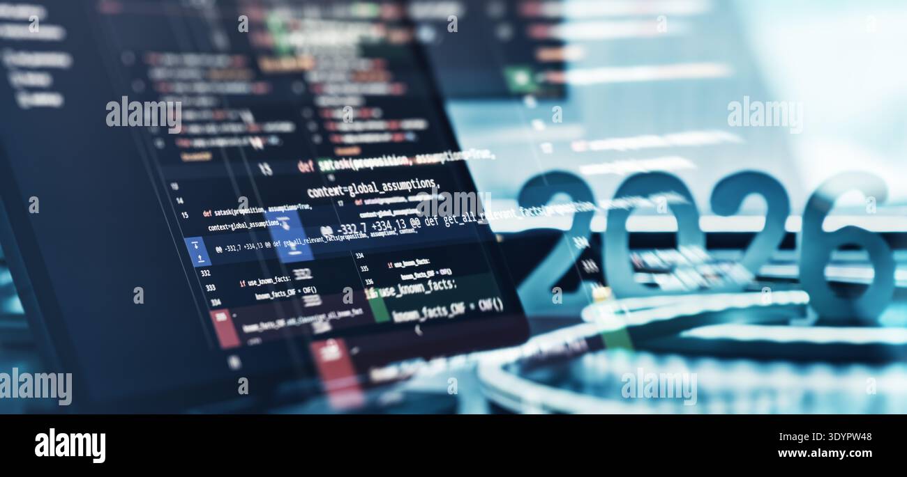 Futuristic Code Diff Interface with 2026 Numerals and Glowing Neon Desk Setup for Software Development Stock Photo