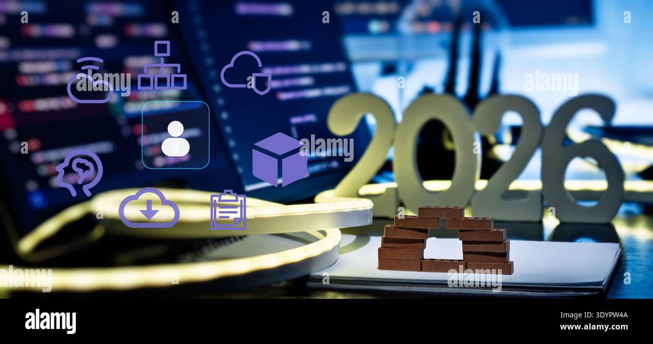 AI Cloud Architecture and User Workflow Concept with 2026 Desk Setup, Code Screens and Tech Interface Stock Photo