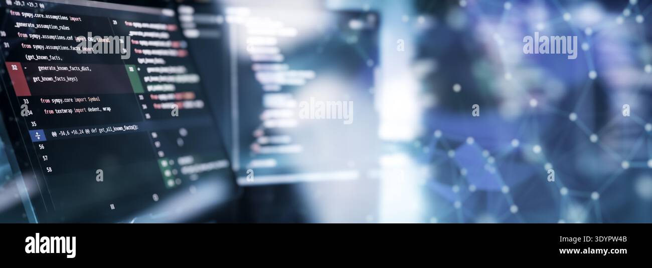 Abstract Software Code Diff Background with Futuristic Network Overlay and Copy Space for Technology Banner Stock Photo