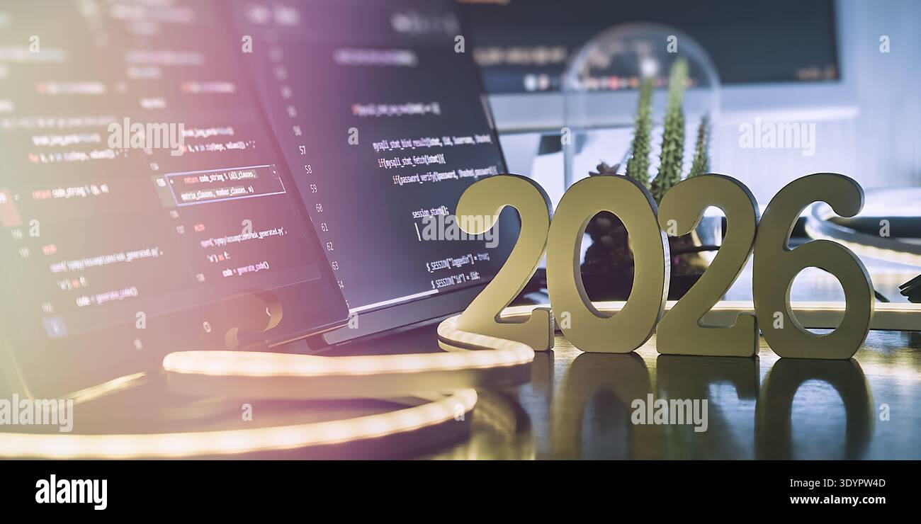2026 Coding Workspace with Source Code Screens, Neon Cable Light and Modern Developer Stock Photo