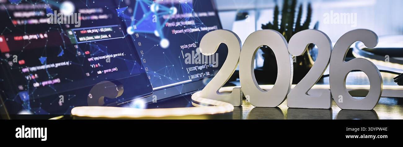 2026 Software Development Concept with Code Screens and Digital Network Overlay in Modern Stock Photo