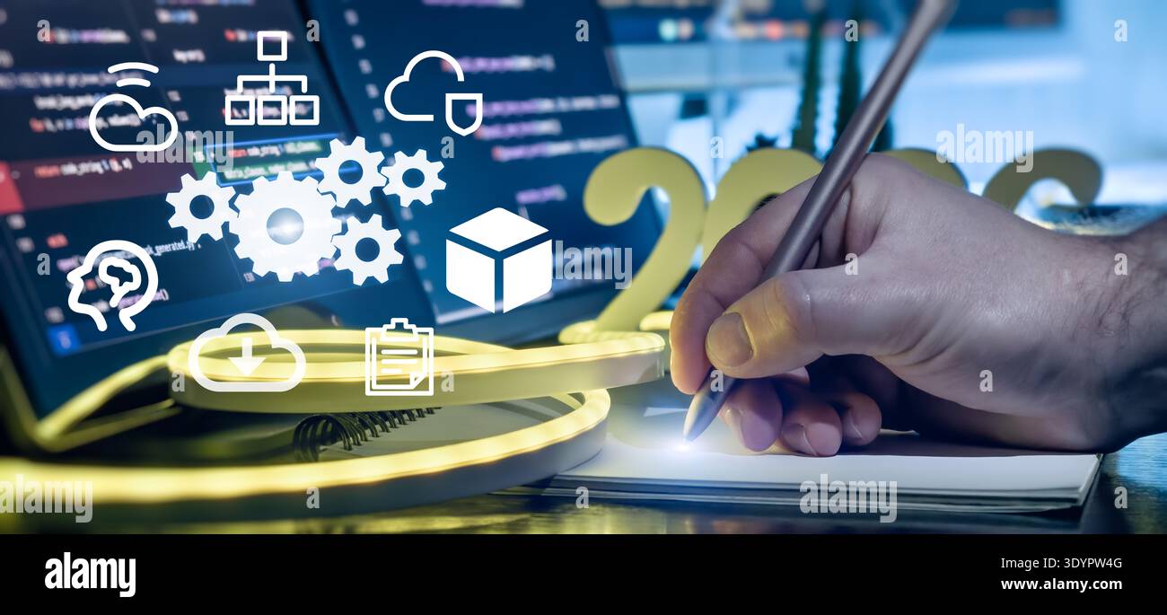 AI Software Development Planning Concept with Hand Writing Notes, Code Screens and 2026 Innovation Stock Photo