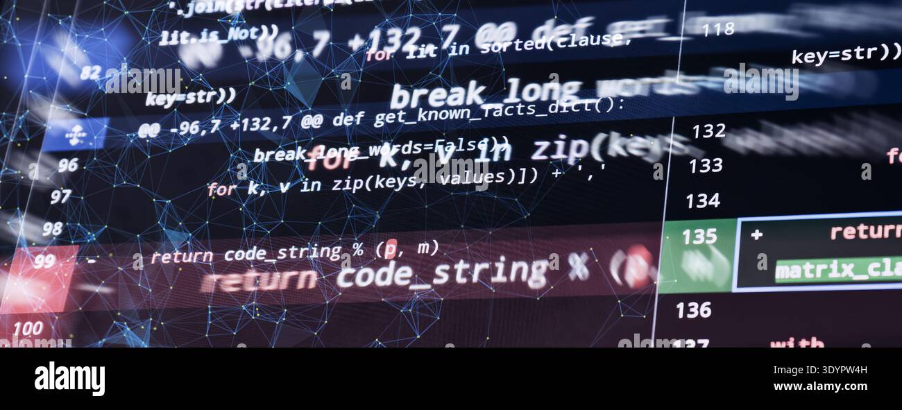 Abstract Code Diff Interface with Return Code String Function and Digital Network Overlay Programming Technology Stock Photo