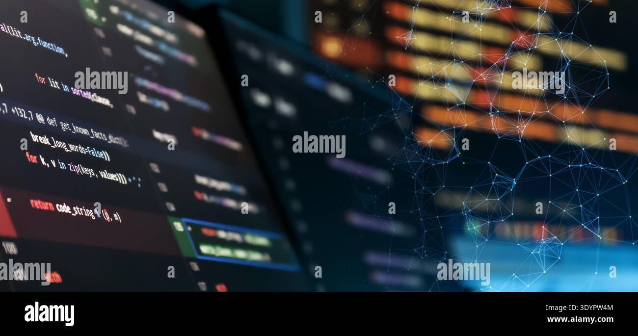 Abstract Software Code Diff Screen with Digital Network Mesh Overlay and Cyber Technology Programming Stock Photo