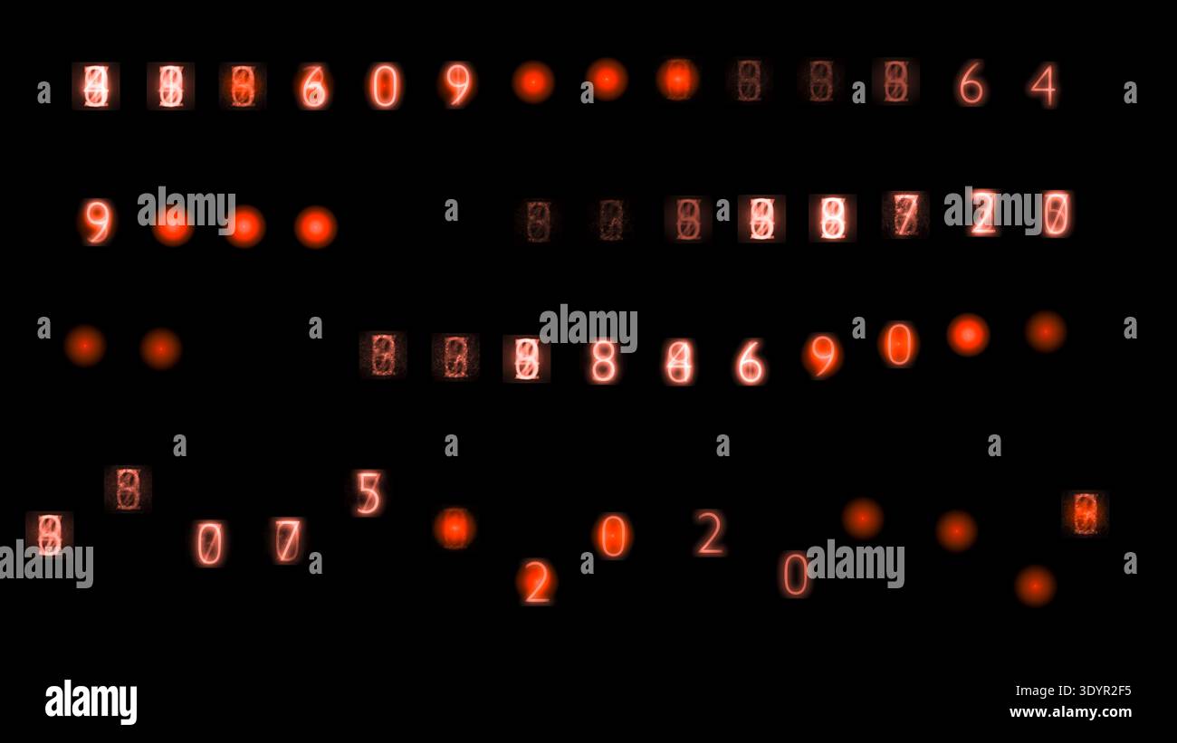 glowing red digital numbers for overlay design abstract glitch data code isolated on black cyber technology hacker countdown interface hud concept Stock Photo