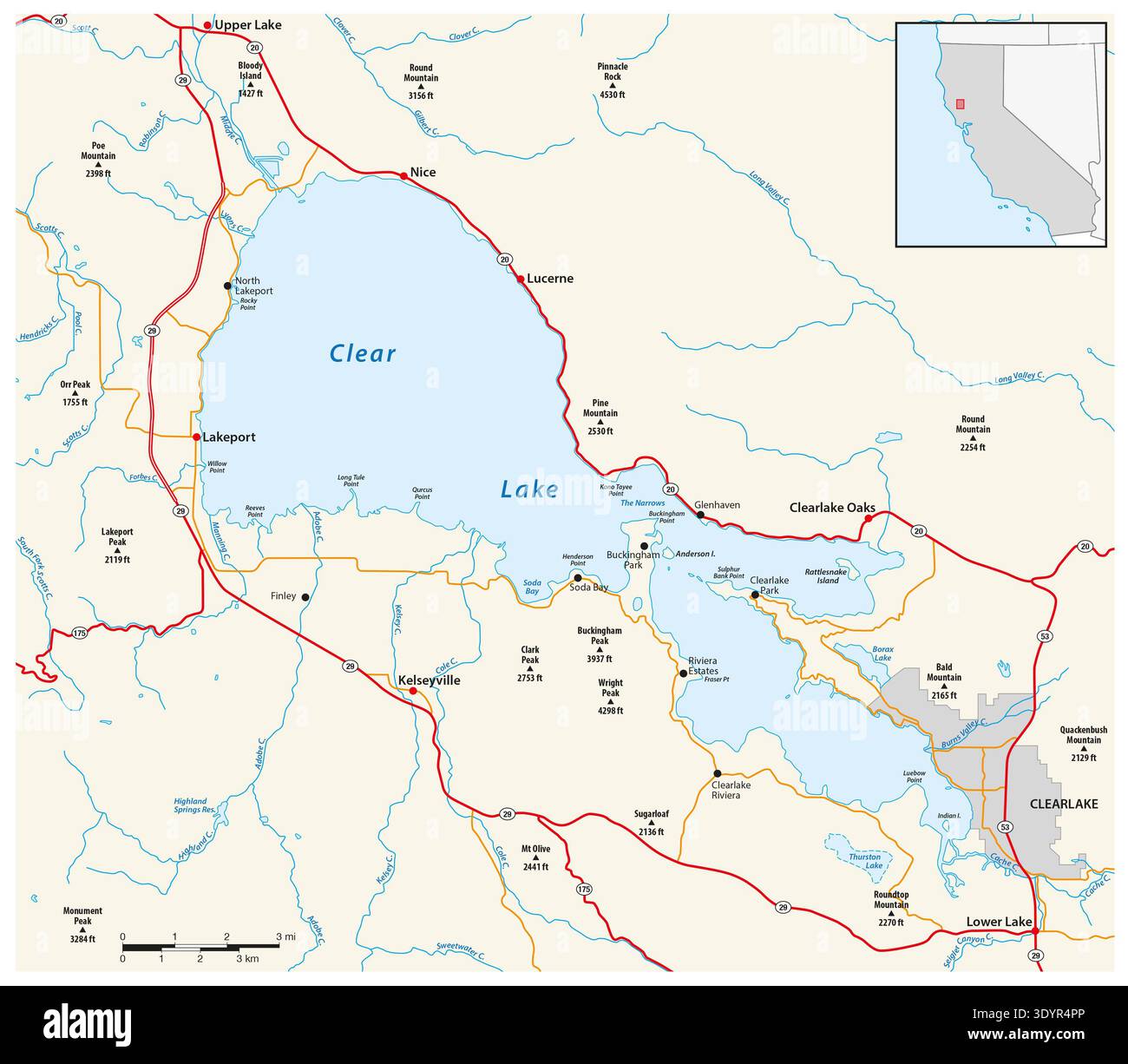 Map of Clear Lake, California, United States Stock Photo