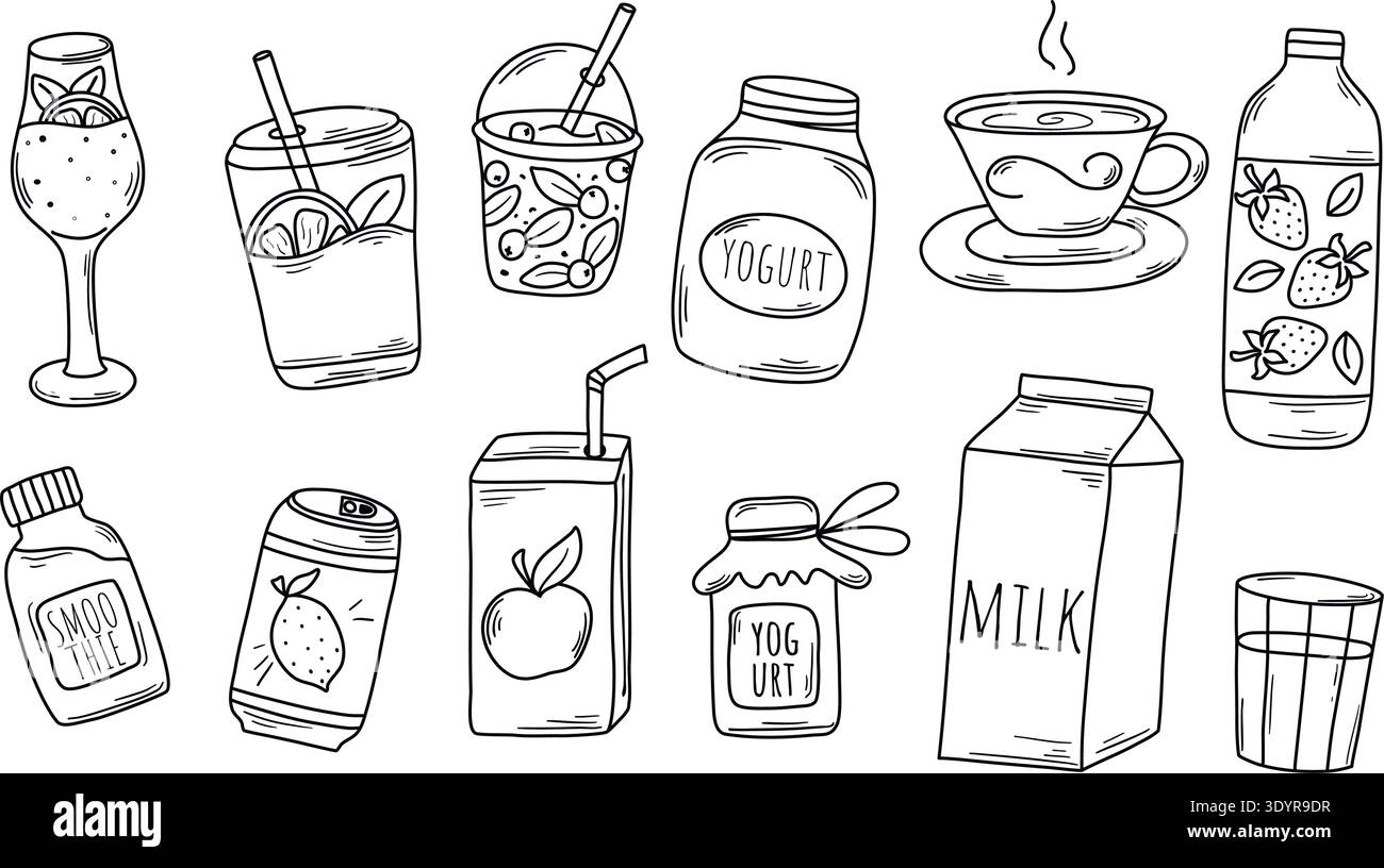 Doodle sketch drink set. Hand drawn cans, bottles, Tetra Pak packaging, glass, cup. Loose drawing drinks collection, vector graphics Stock Vector
