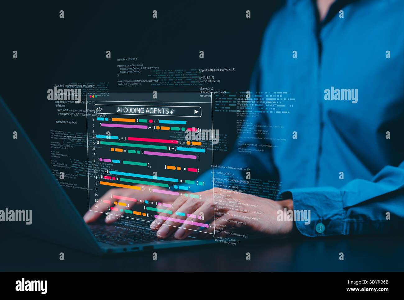 AI coding agents for software development concept. Programmer use laptop with code and AI assistant represent artificial intelligence, AI programming, Stock Photo