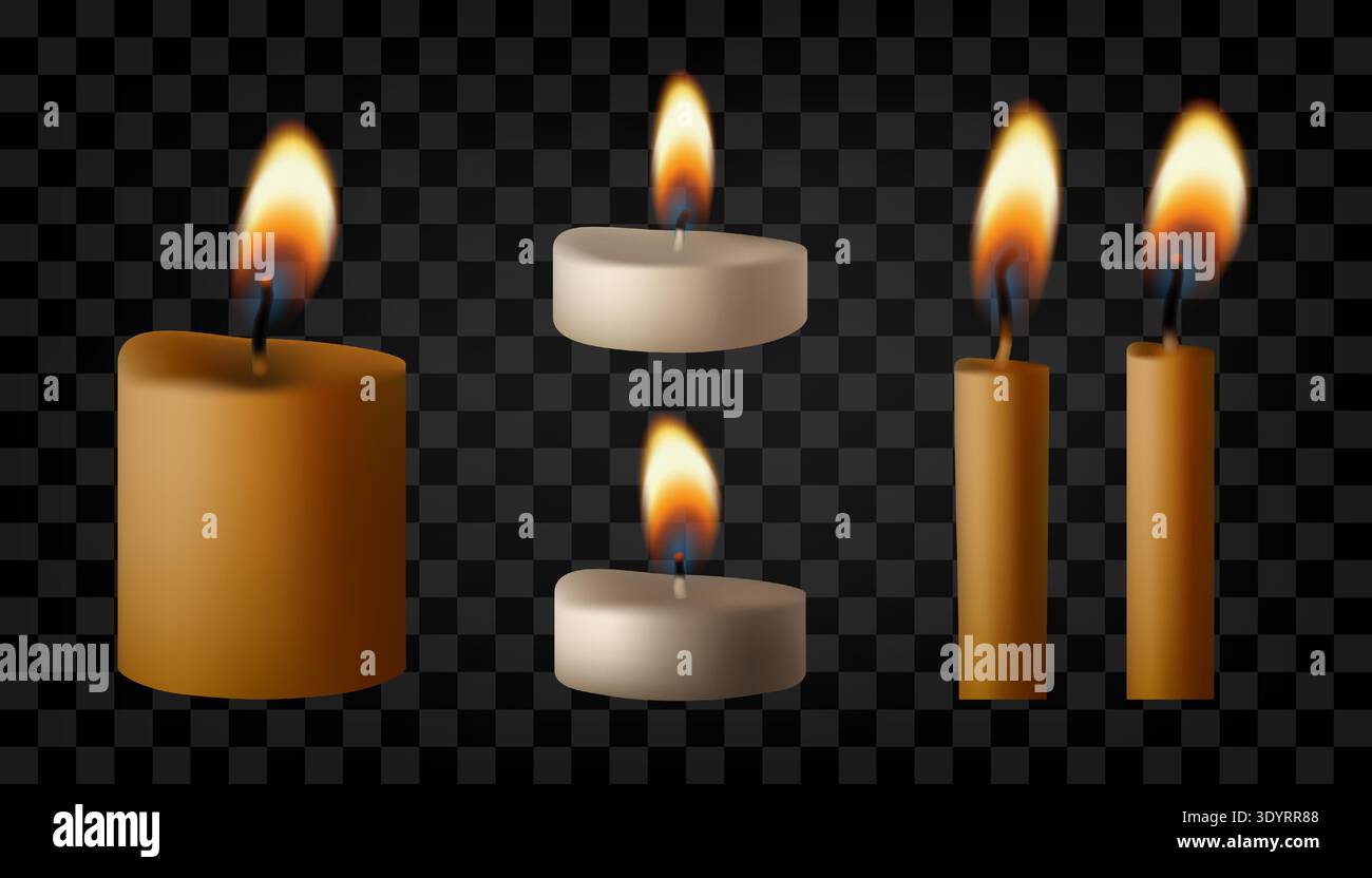 Candle gold flame set. Memorial, short tea light. Burning Bday or wedding fires, vector isolated illustration. 3d lit torch, transparent candlelight Stock Vector