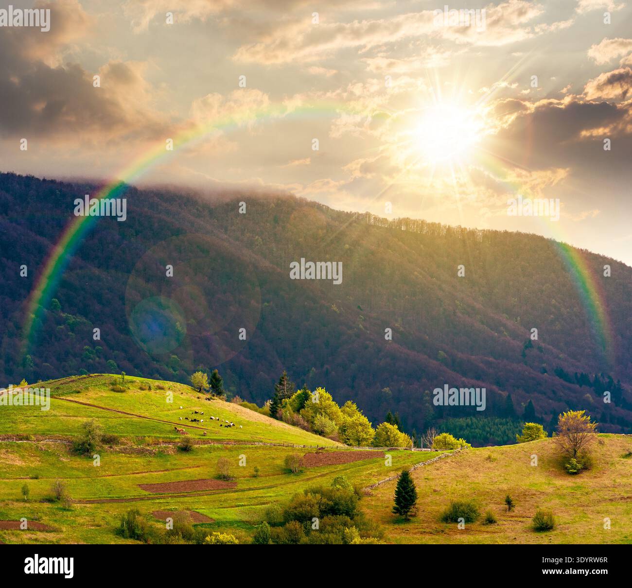 rural mountain landscape during spring at sunset. wonderful countryside scenery on a cold weather in evening light. cloudy sky above rolling hills in Stock Photo