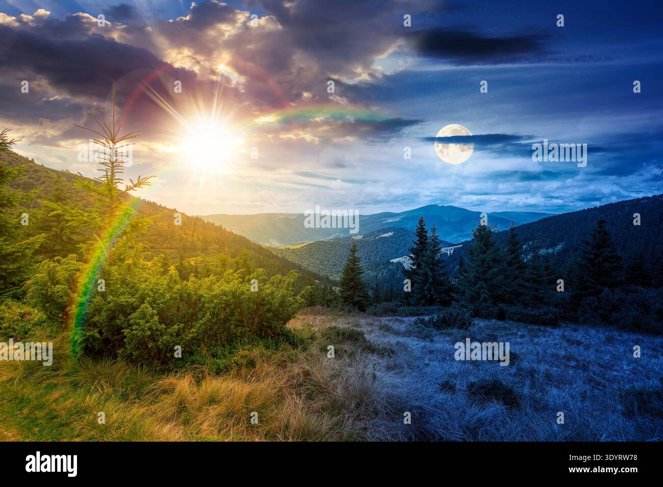 hillside of mountain range with coniferous forest and grassy meadow. day meet night. sun and moon over beautiful summer landscape with alp. wonderful Stock Photo
