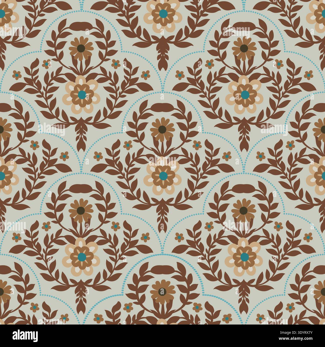 Earthy Brown Floral Scallop Damask Pattern Stock Vector