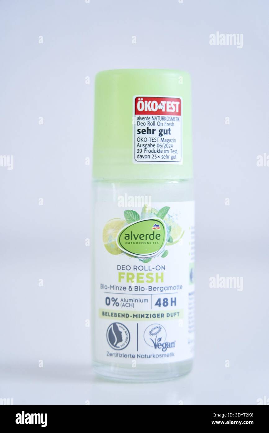Deodorant roll-on, deodorant roller from Alverde natural cosmetics bought at DM Drogerie Markt, organic mint & organic bergamot, 48h, vegan, certified Stock Photo