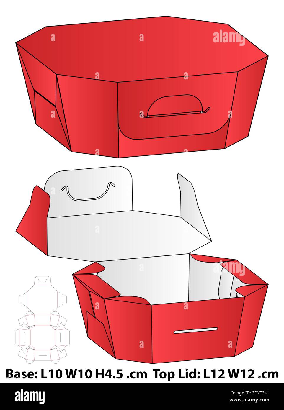 Octagonal Takeaway Box with Handle Dieline Template Stock Vector