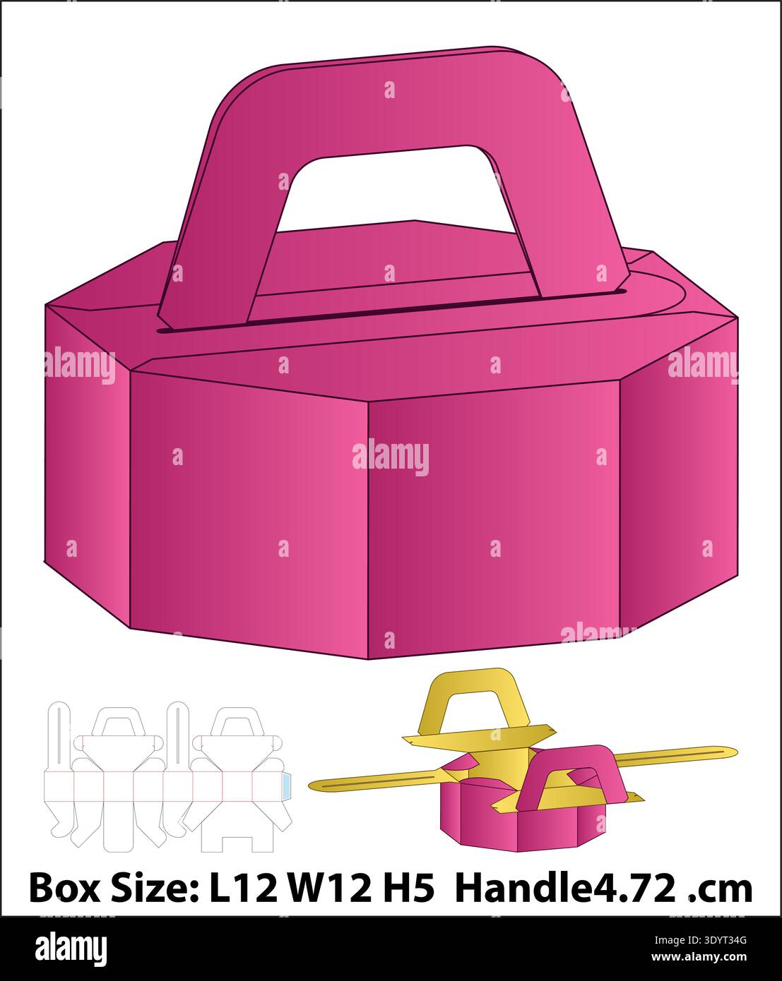 Hexagon Gift Box with Handle Vector Dieline Template Stock Vector