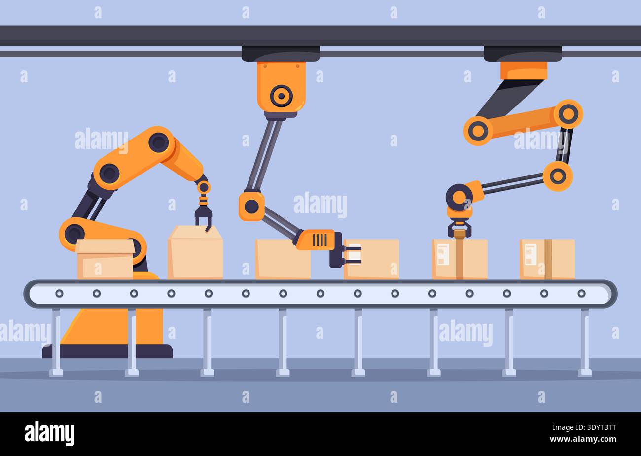 Robotic arms conveyor. Industrial factory work process, automated line with boxes and robots manipulators. Manufacturing progress, sapid vector scene Stock Vector