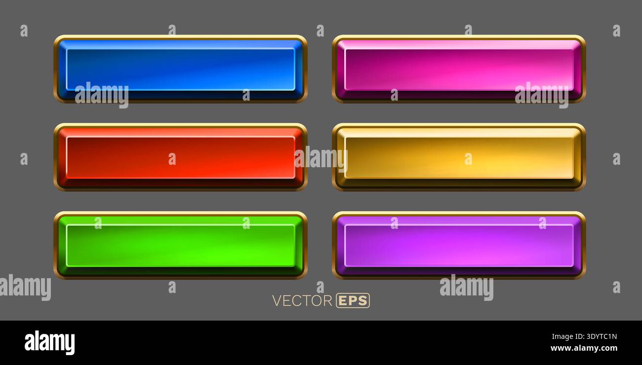 Set of glossy colorful rectangular buttons with golden frames, ideal for game UI or web design. Vector illustration Stock Vector
