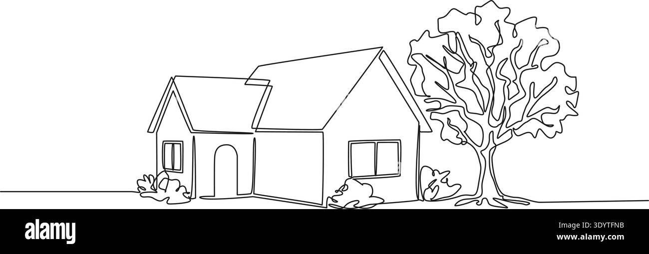 continuous line drawing of simple single family home, line art vector ...