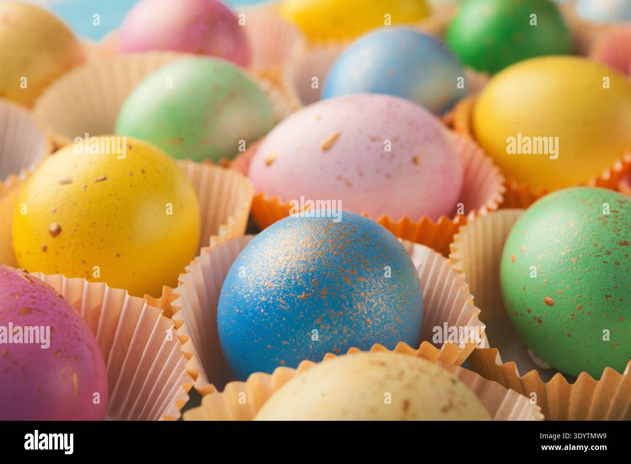 Easter background. Colored eggs closeup Stock Photo