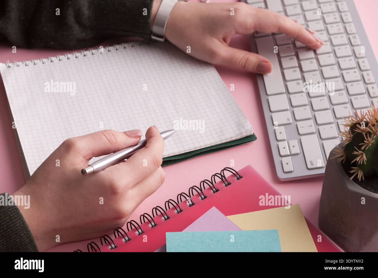 Woman's hands holding pen and spiral notepad Stock Photo