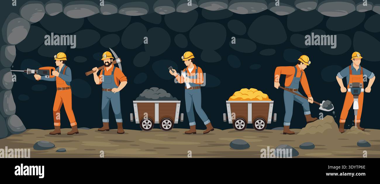 Mining Character Vector Miner workers characters. People in overalls and hard hats with ...