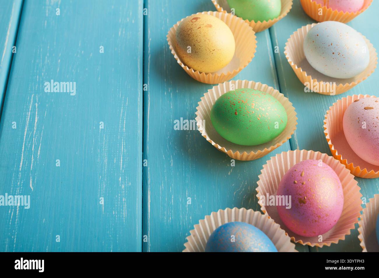 Easter background. Colored eggs closeup Stock Photo