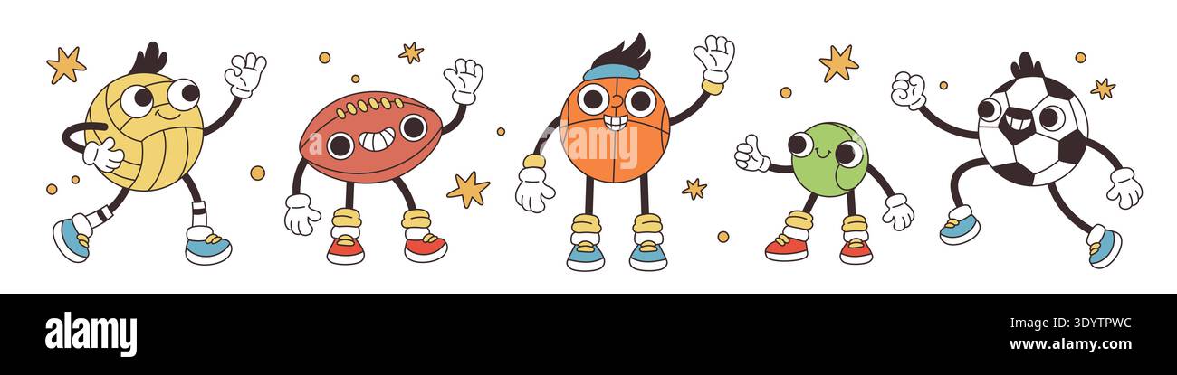 Funny ball mascots. Various sports games, retro cartoon style, groovy ...