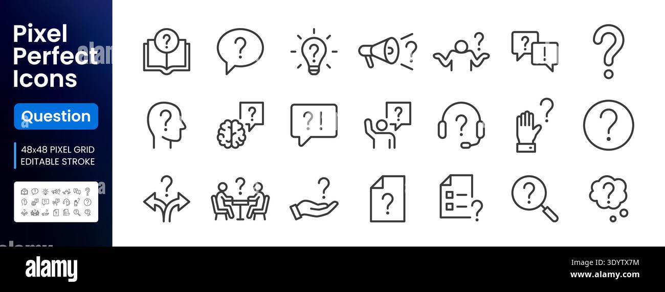 Help, ask question line icon set. FAQ, support, secret info, problem solution, brain, idea, message minimal vector illustrations. Simple outline signs Stock Vector