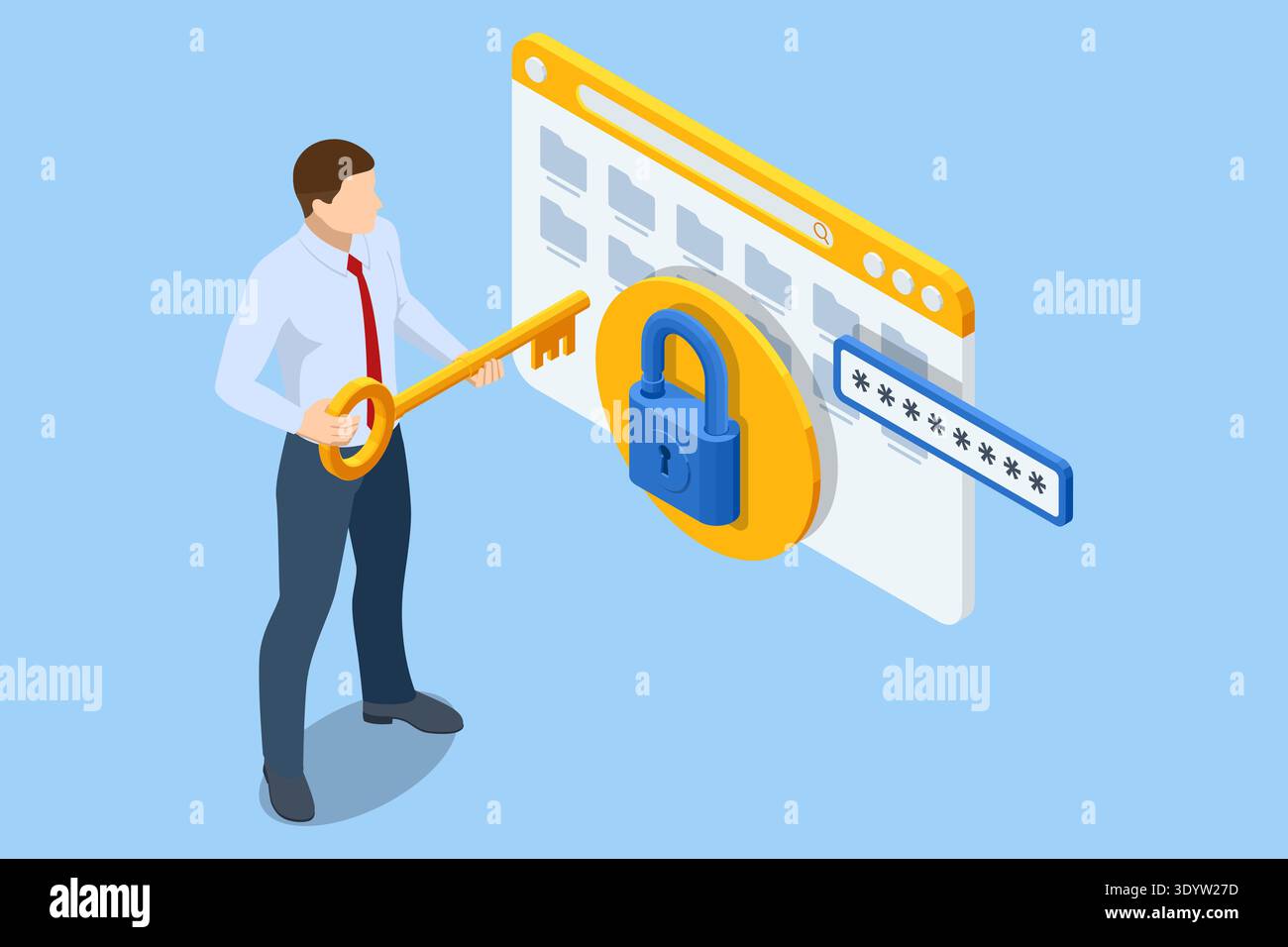 Isometric secure access with businessman using large key to unlock browser password page. Account authorization, protected data entry, credential Stock Vector