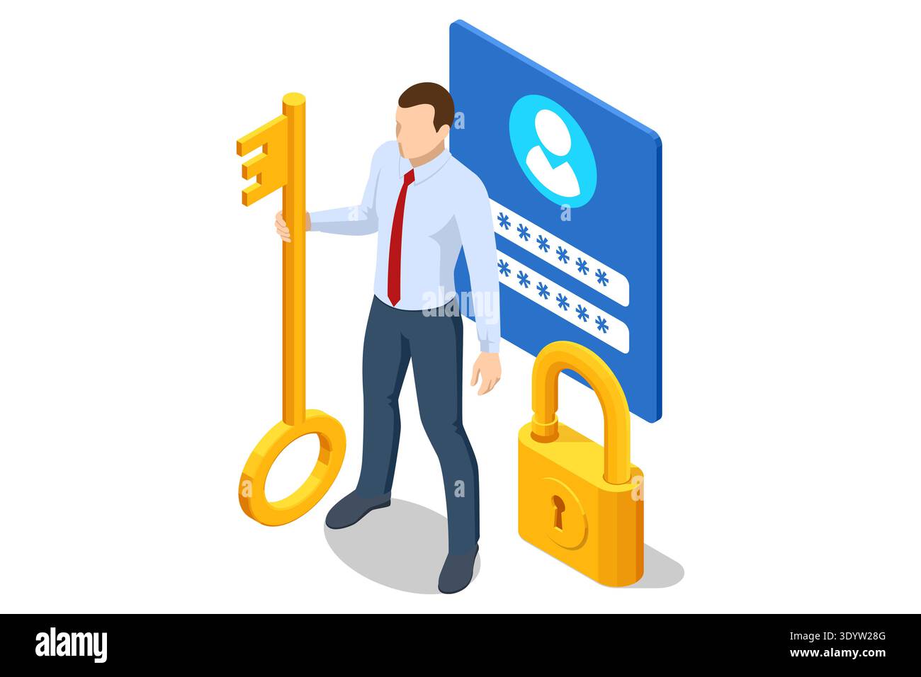 Isometric secure access with businessman using large key to unlock browser password page. Account authorization, protected data entry, credential Stock Vector